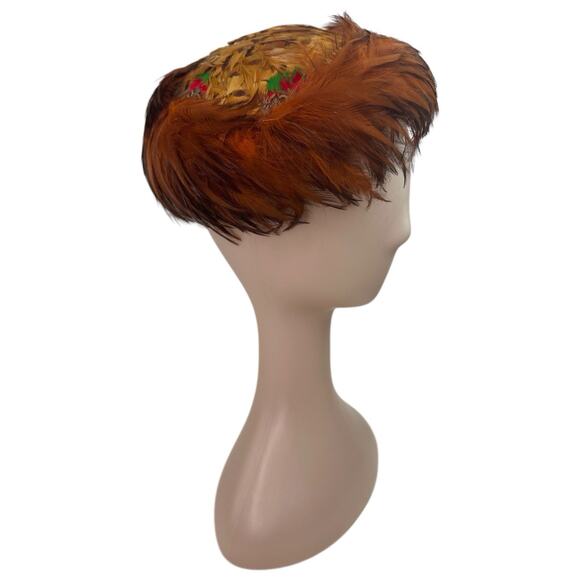 Vintage 1940s Feather Tilt Hat Brown Pheasant Rooster Hollywood Glam Millinery - Picture 4 of 8